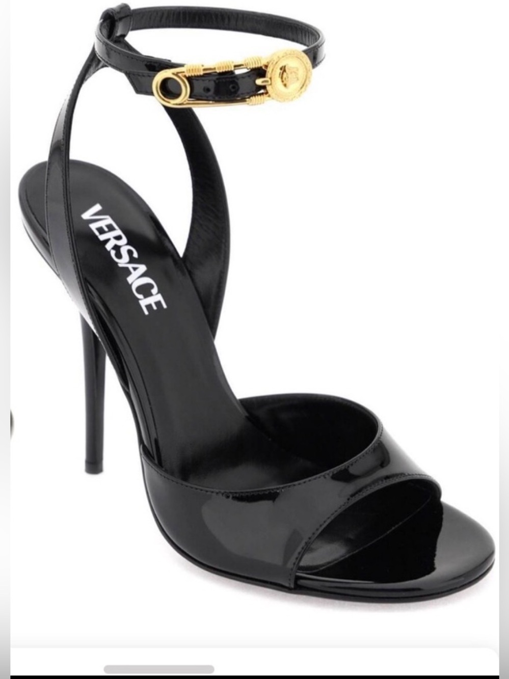 Versace Safety Pin Glossy Black Pump with Gold Accent